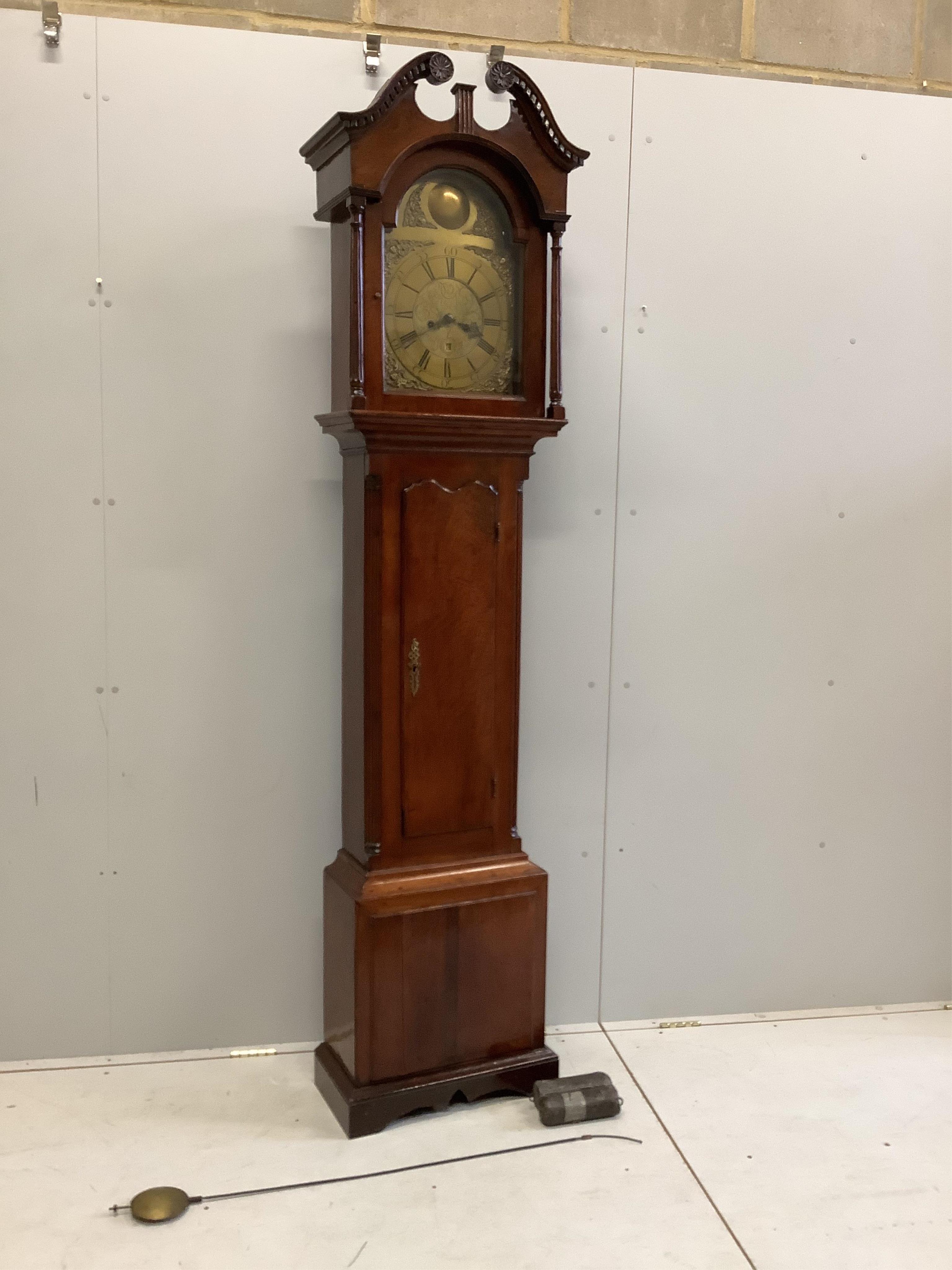 Grindal of Dumfries, a George III mahogany 8 day longcase clock, height 222cm. Condition - fair, weights and pendulum present.